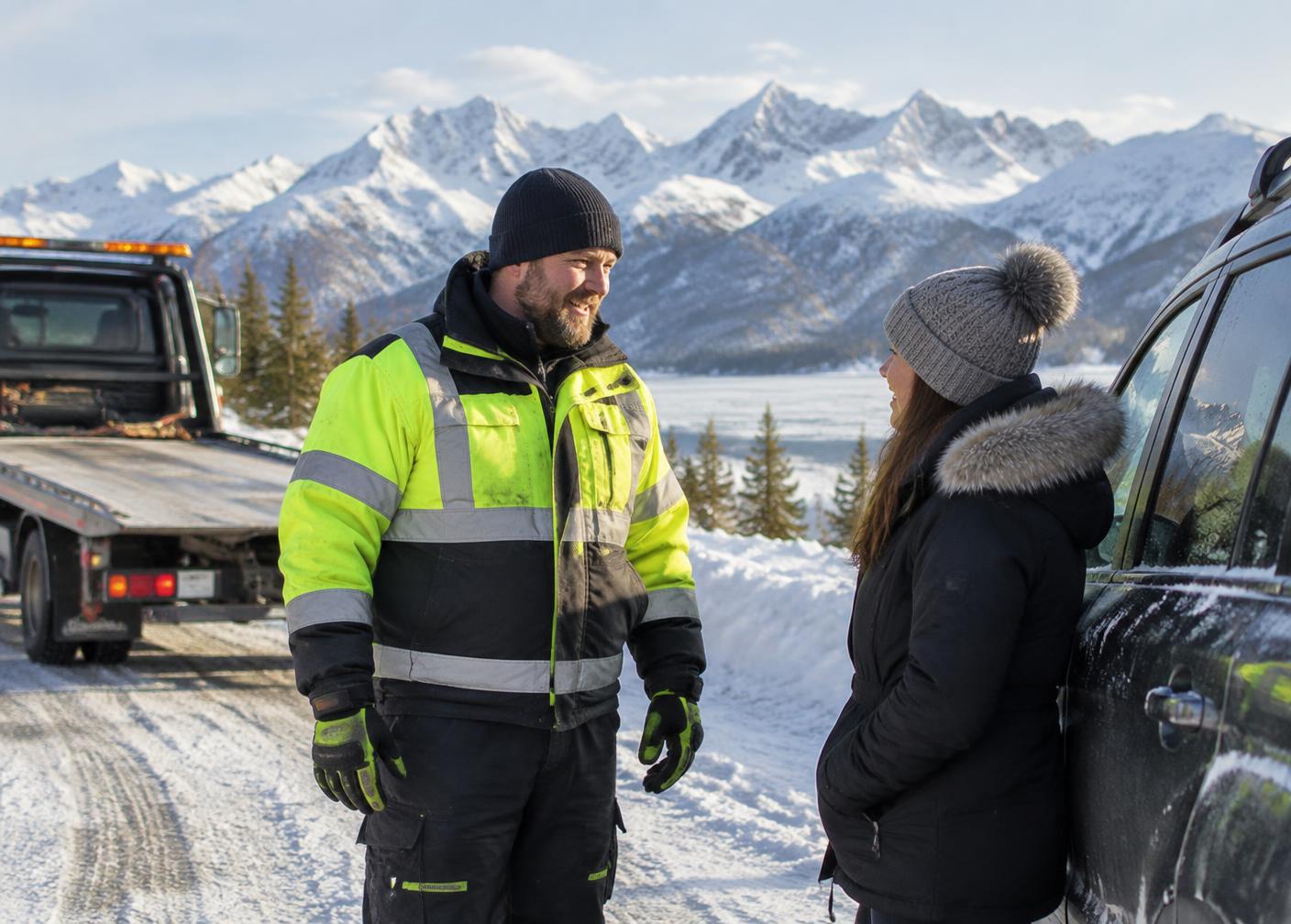Tow operator helping a driver on a snowy Alaska roadside