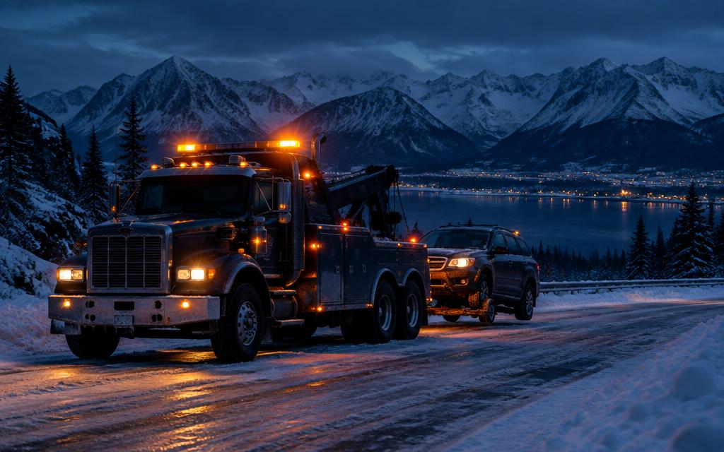 Tow truck with amber lights towing a car on a snowy Anchorage road at night