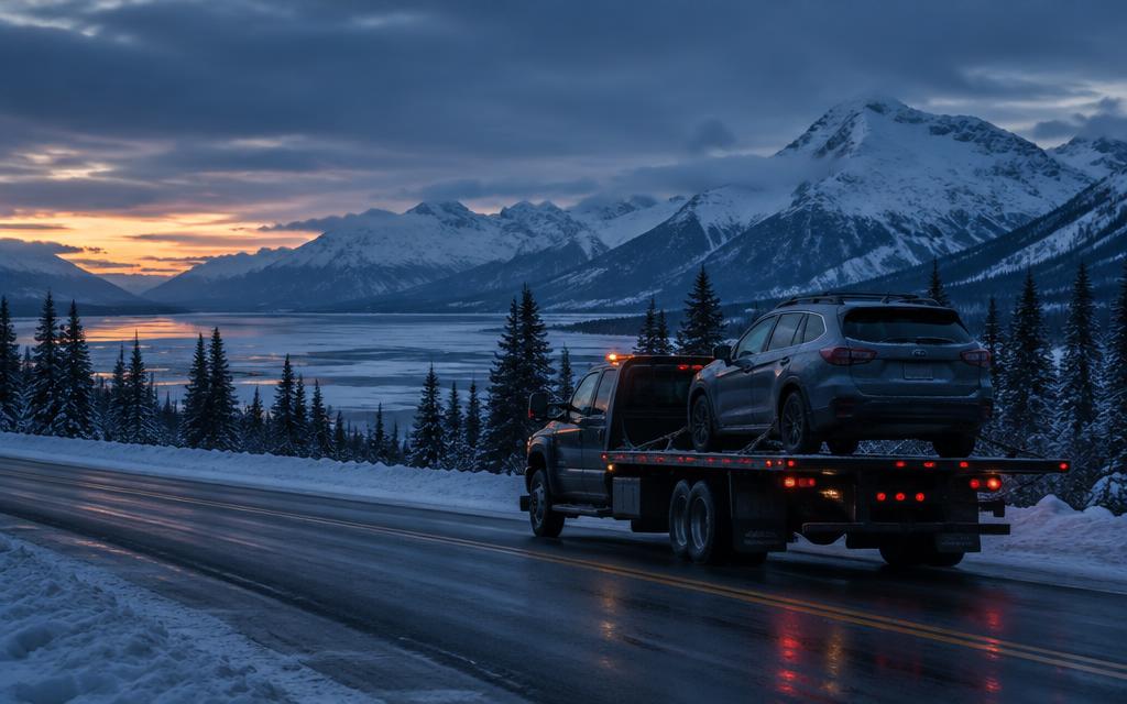 Flatbed truck carrying a car along a snowy Alaska highway at dusk