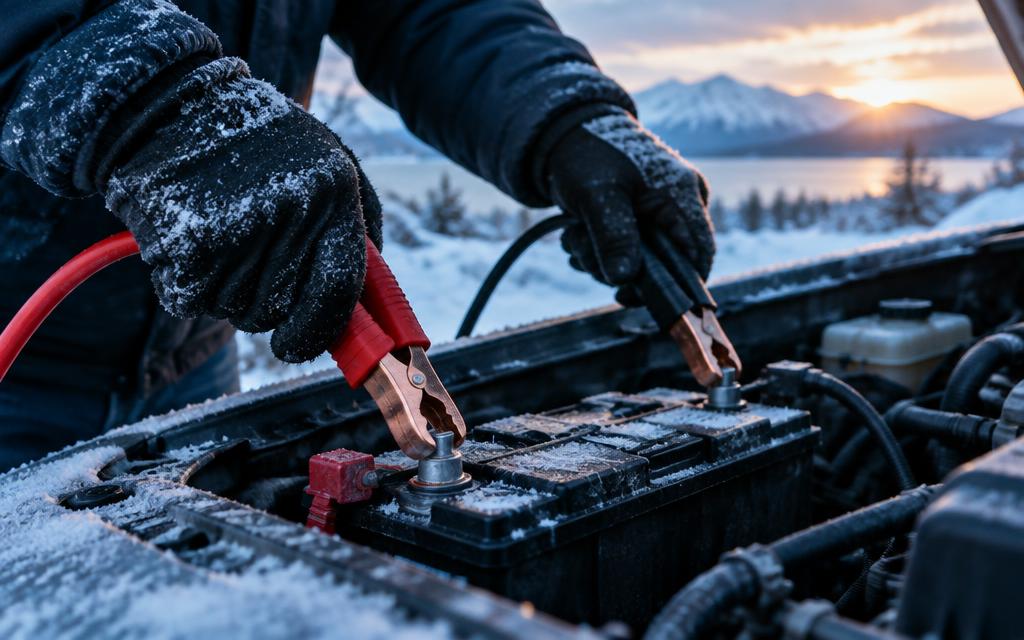 Gloved hands connecting jumper cables to a car battery in winter