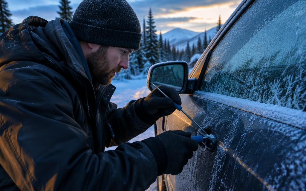 Locksmith opening a frozen car door with professional tools