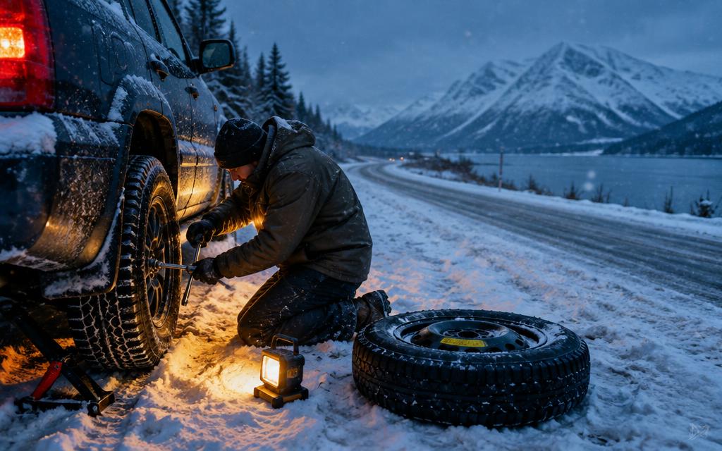 Winter tire change on the snowy shoulder of an Alaska road