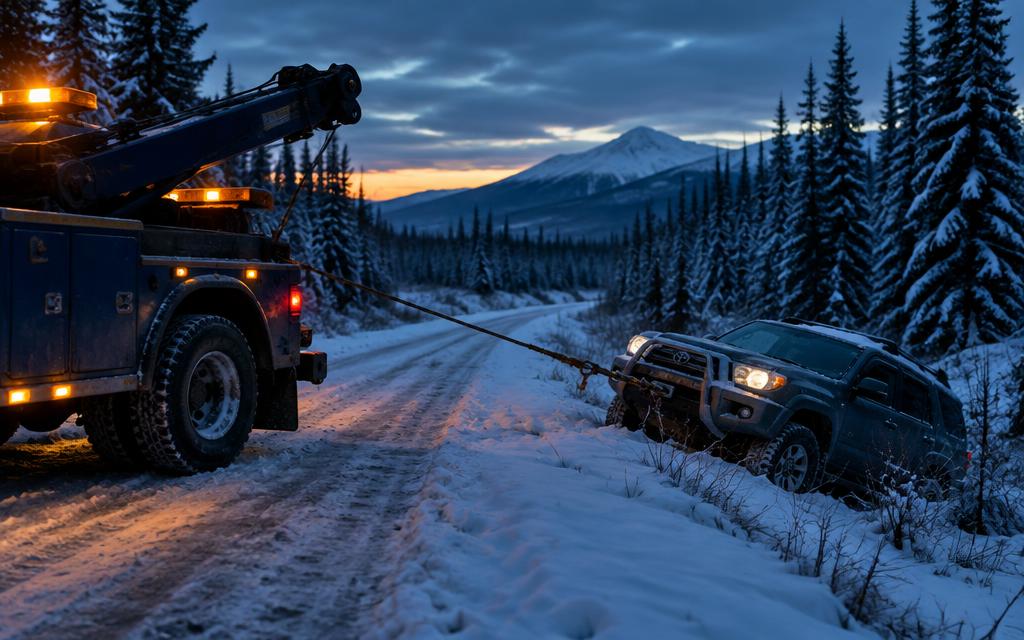 Tow truck winching a stuck SUV out of a snowy ditch